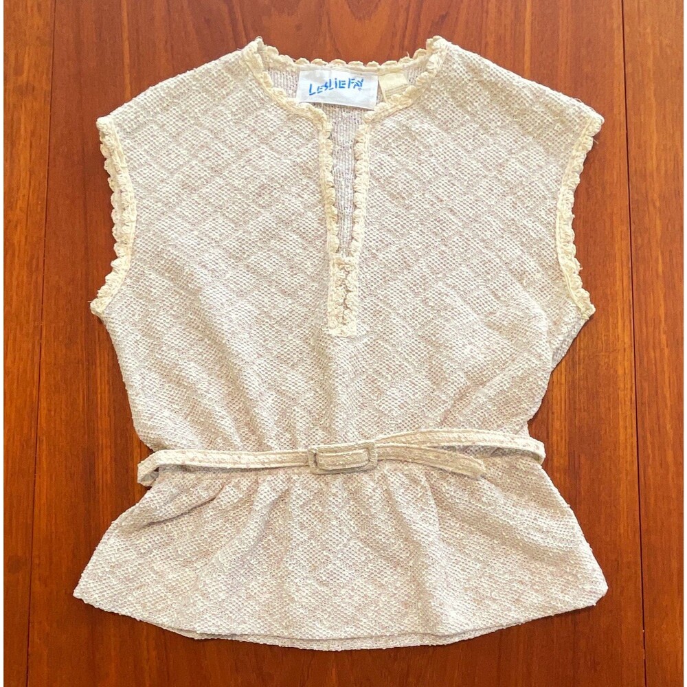 Vintage 70s Leslie Fay Lace Knit Sleeveless Belted Peplum Whimsy Fairy Blouse